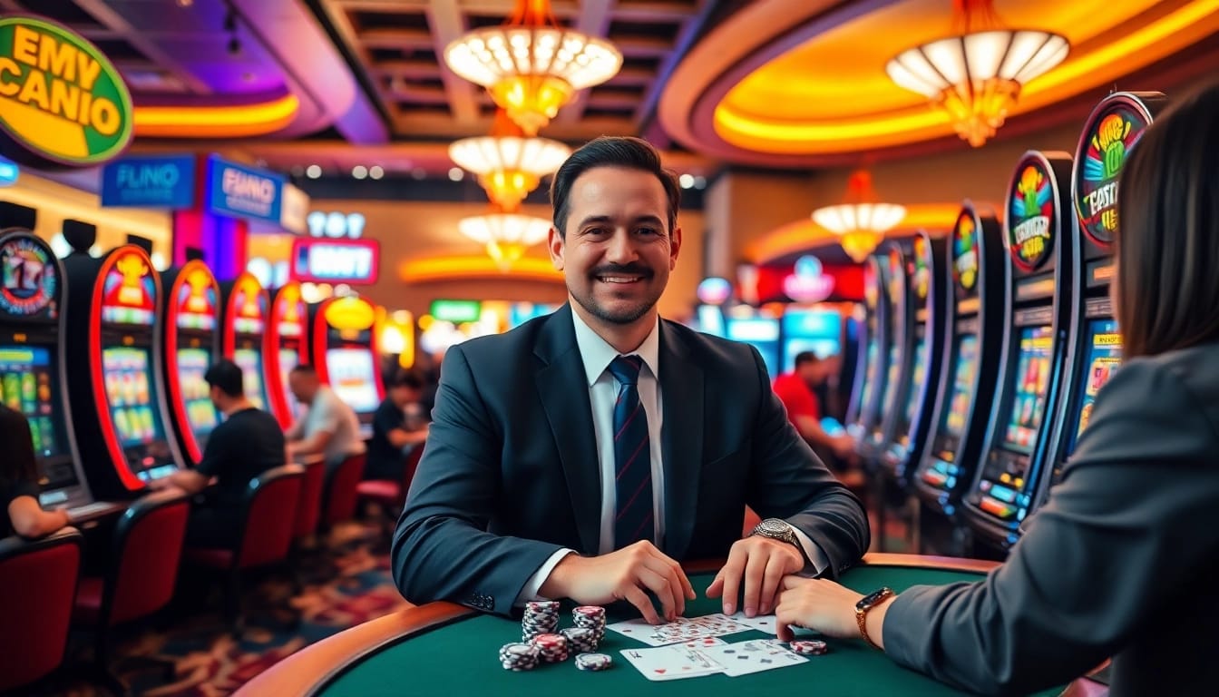 Menang dalam arus hoki sambil bermain di kasino berwarna-warni dengan mesin slot yang cerah.