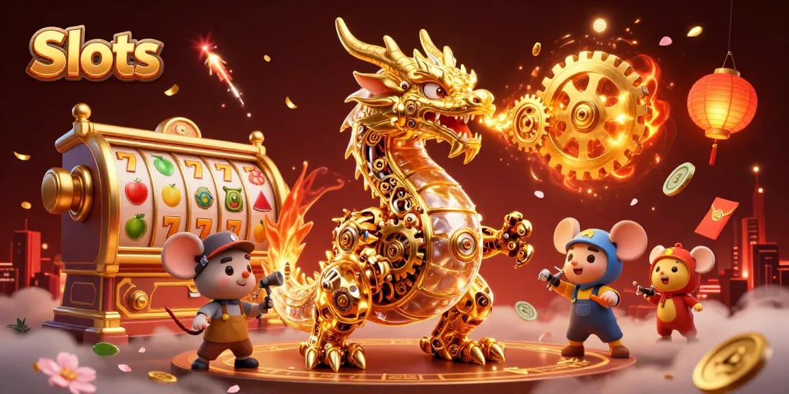 Experience thrilling Slots action with a golden dragon and vibrant game elements in a rich casino atmosphere.