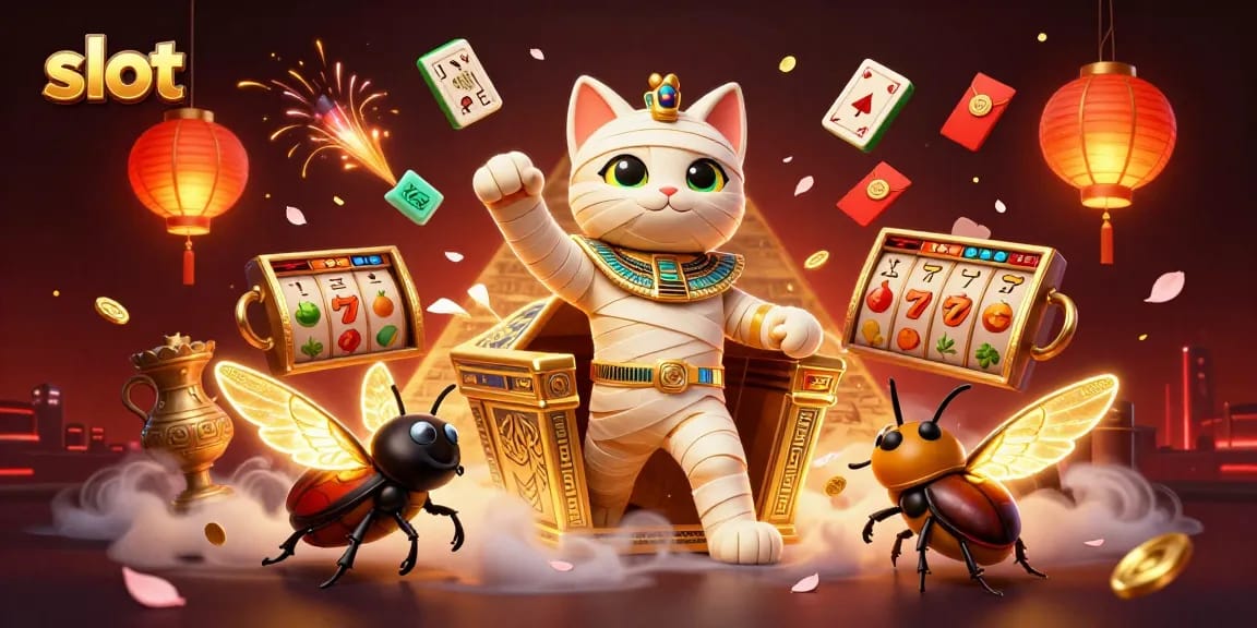 Engage in thrilling slot games at a dazzling casino featuring a mummy cat and vibrant elements.