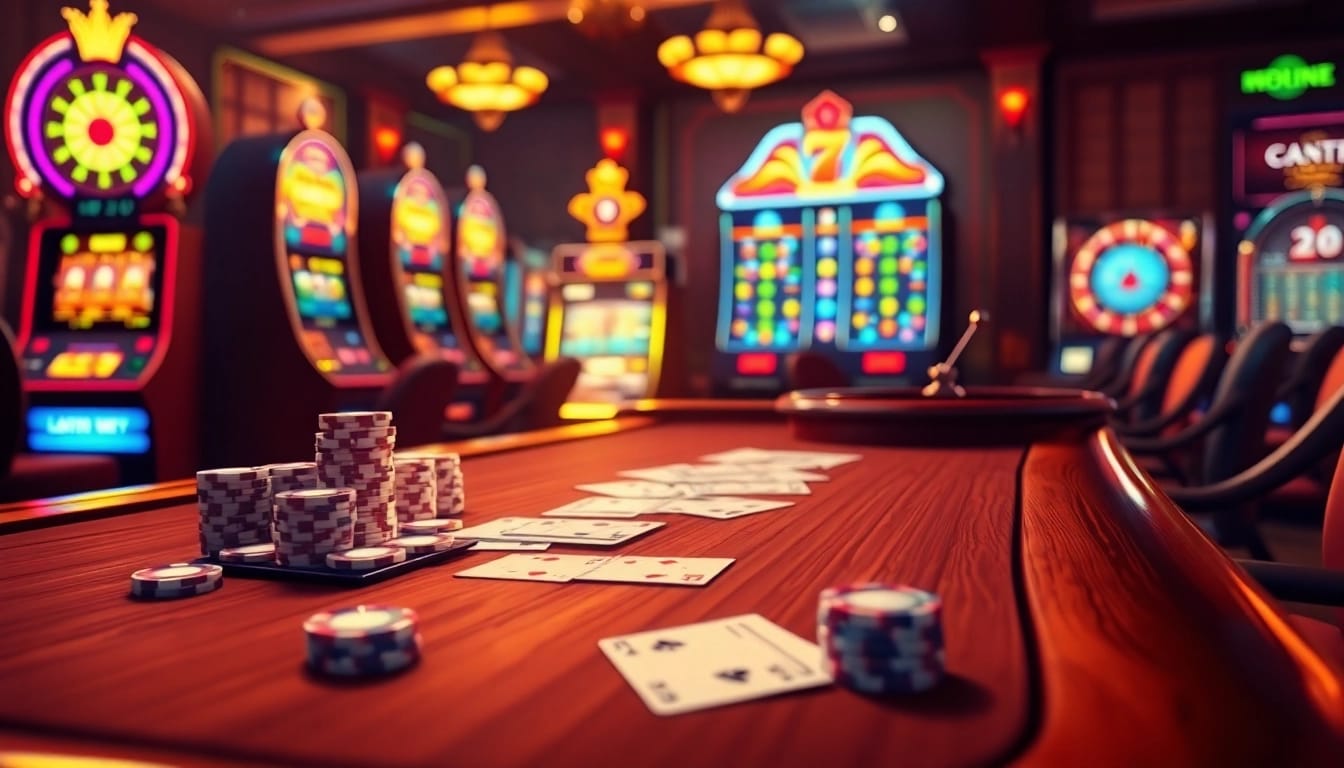 Intense gaming action at situs apiraja88 with vibrant slot machines and poker chips.