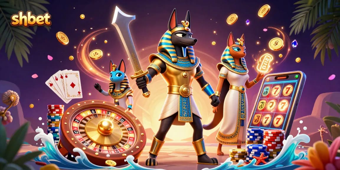 Experience thrilling gameplay with shbet, featuring Anubis and Bastet amidst cascading coins and spinning roulette.