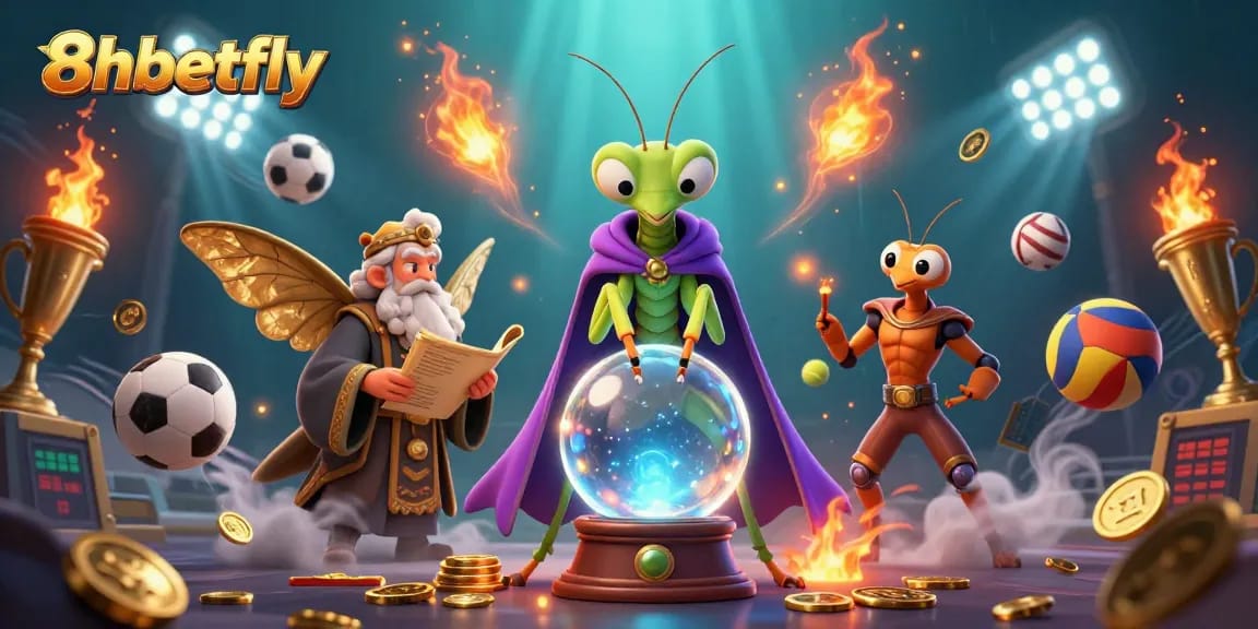 Engage in thrilling gameplay at 8xbetfly with cartoon fortune tellers and sports elements illuminating the scene.