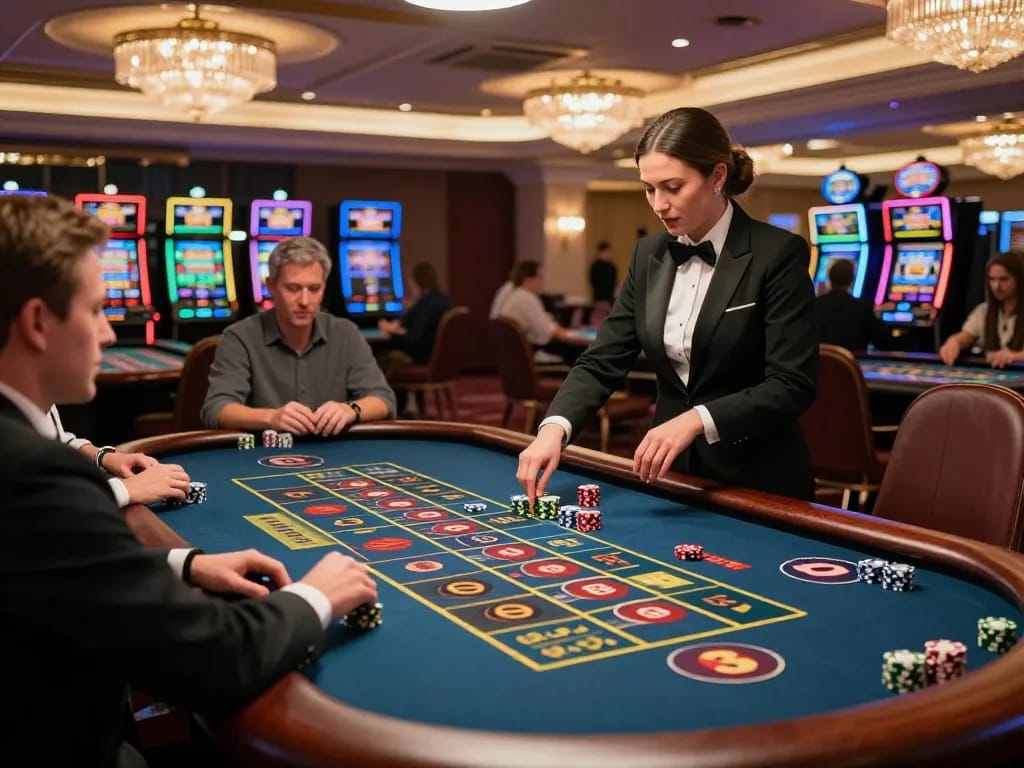 Experience the excitement of roulette gaming at king33 with players engaged and a croupier spinning the wheel.