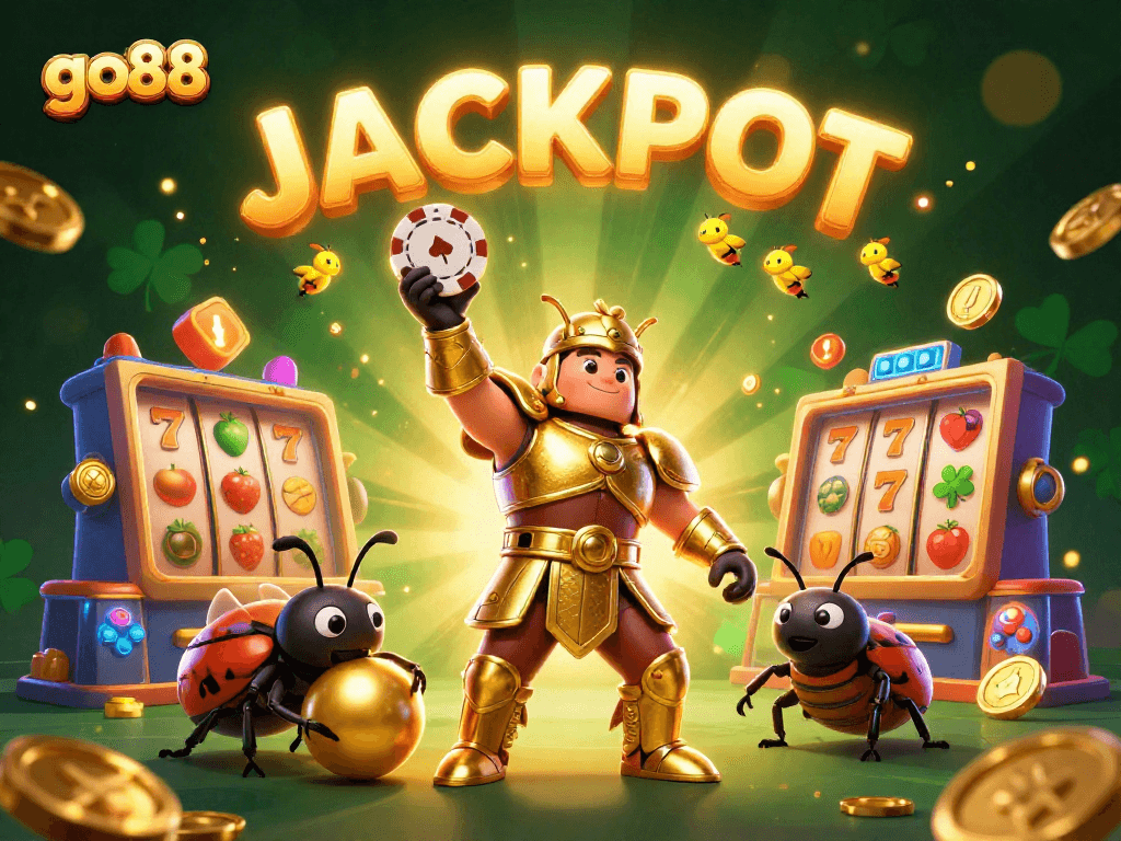 Join the go88 jackpot excitement with a victorious beetle and vibrant slot machine fun.