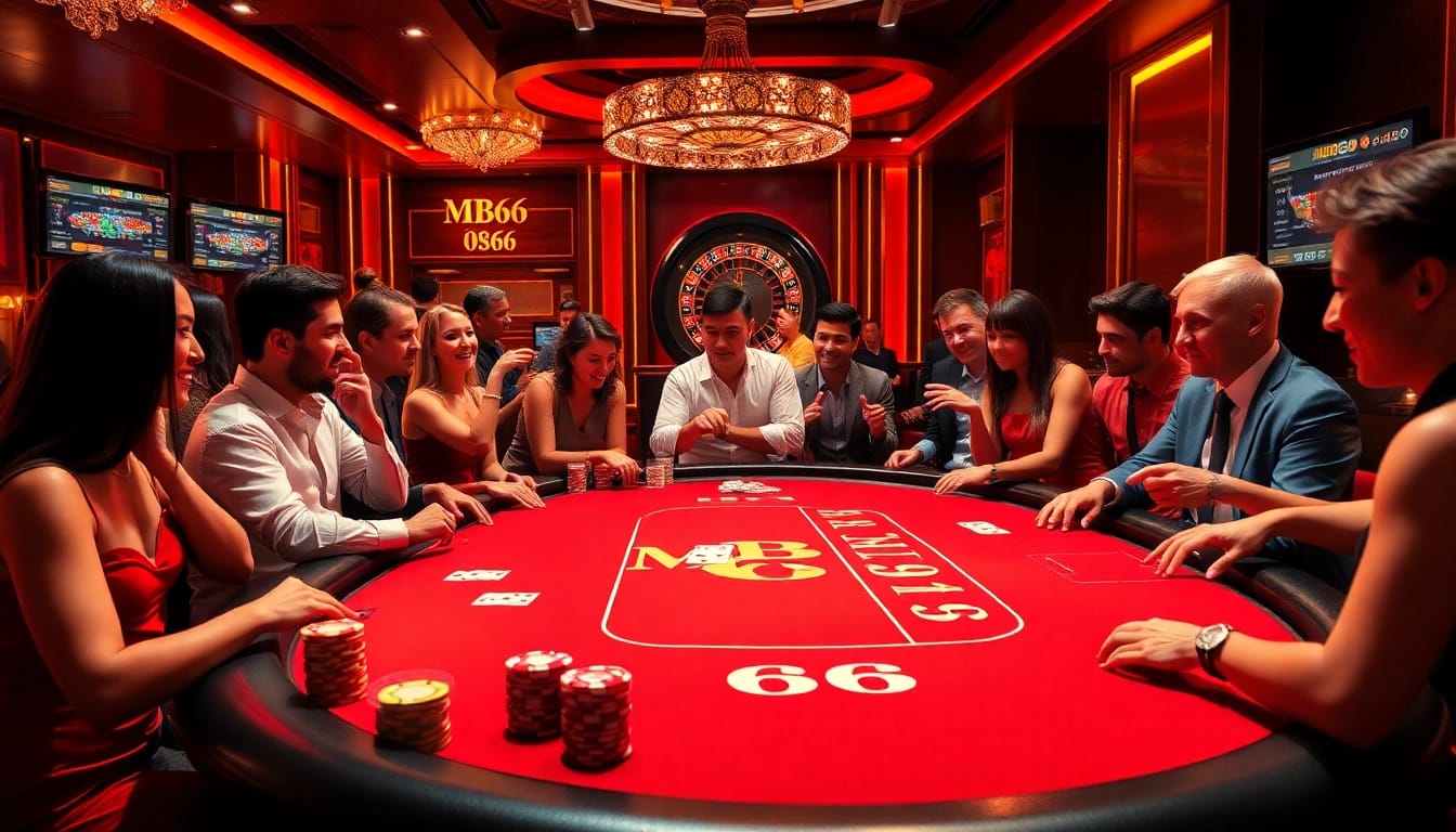 Engaging scene at MB66 casino table with players enjoying poker and electronic betting.