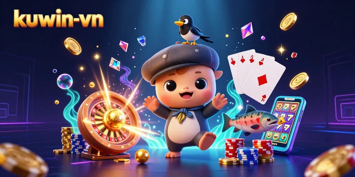 Engage in thrilling betting at kuwin-vn with playful characters surrounded by casino elements.