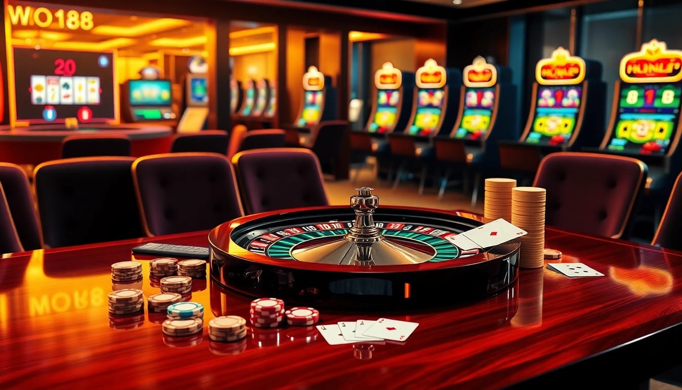 Experience the thrill of Bro138's online gambling platform with roulette, poker chips, and engaging slot games.
