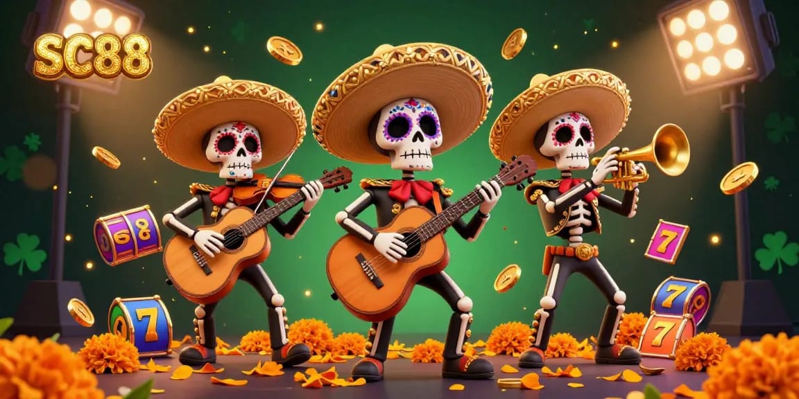 Experience SC88's vibrant 3D mariachi band celebratory scene filled with slot reels and gold coins.