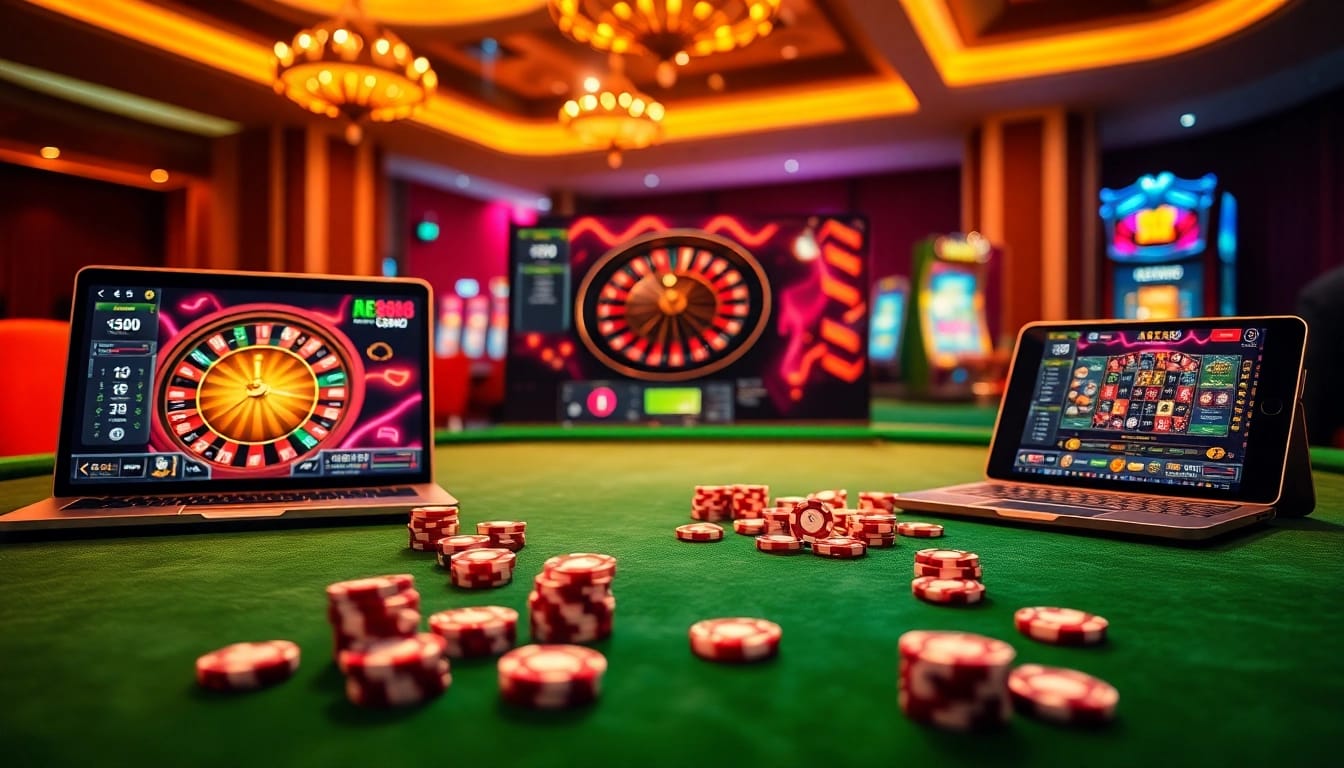 AE888 online gaming platform featuring a vibrant casino scene with roulette, slot machines, and poker chips.