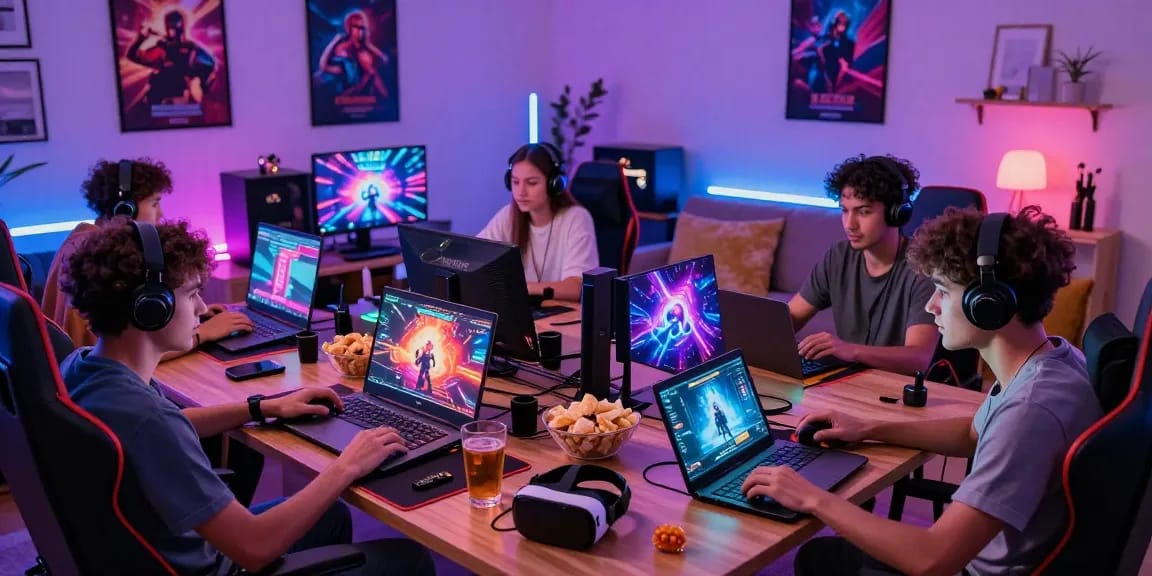 Diverse players enjoying engaging games at a non UK casino from their home with vibrant atmosphere and high-tech decor.