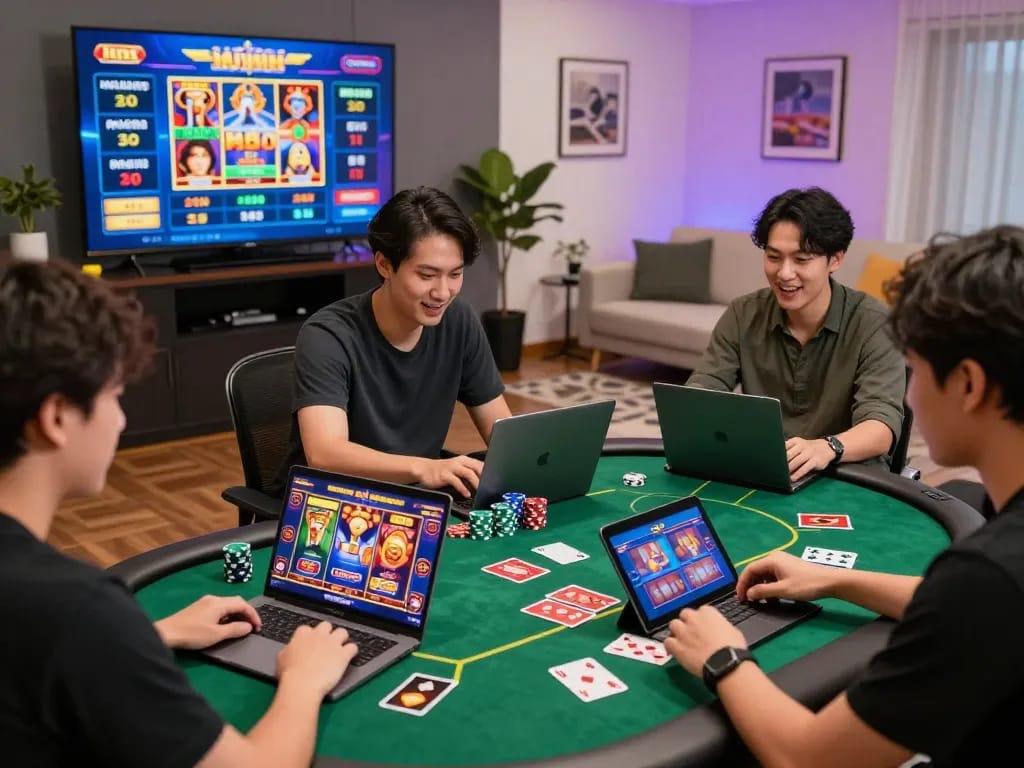 Exciting gaming scene featuring players engaged in slot gacor hari ini on laptops, vibrant casino graphics, and dynamic atmosphere.