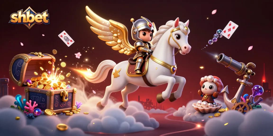 Experience thrilling games at shbet with a vibrant 3D illustration featuring a majestic horse and lucky treasures.