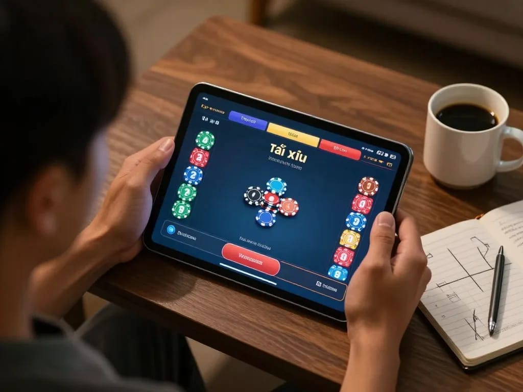 Engaging player enjoying tài xỉu online game on tablet, reflecting a strategic gaming session.