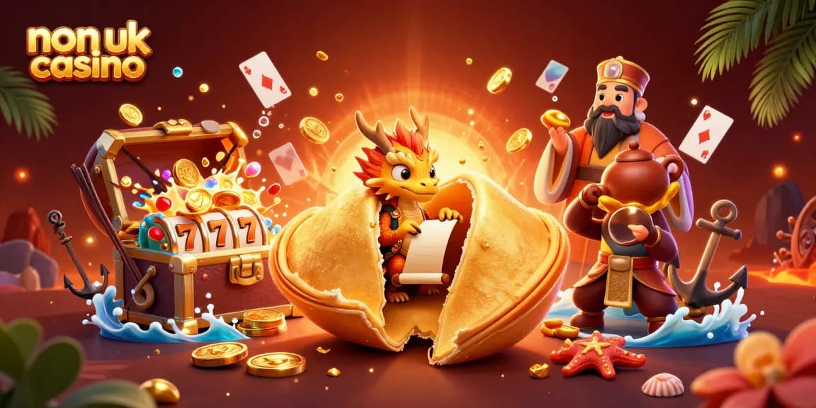 Join the excitement at non uk casino with a dynamic scene of a giant fortune cookie, a wise dragon, and lucky elements.