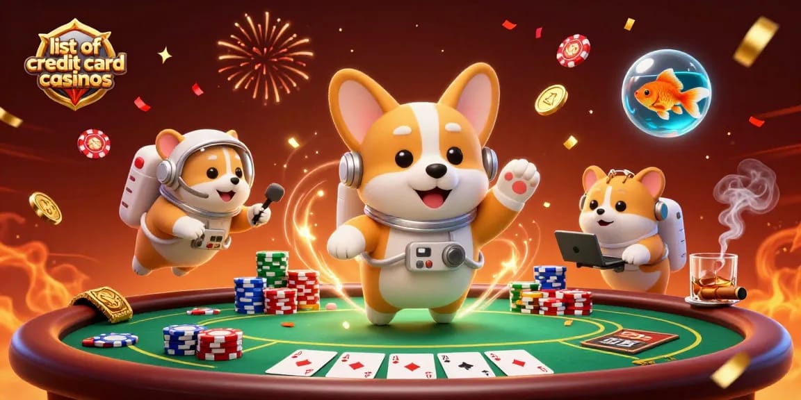 Experience the excitement at the list of credit card casinos with a playful scene of an astronaut corgi in a space casino.