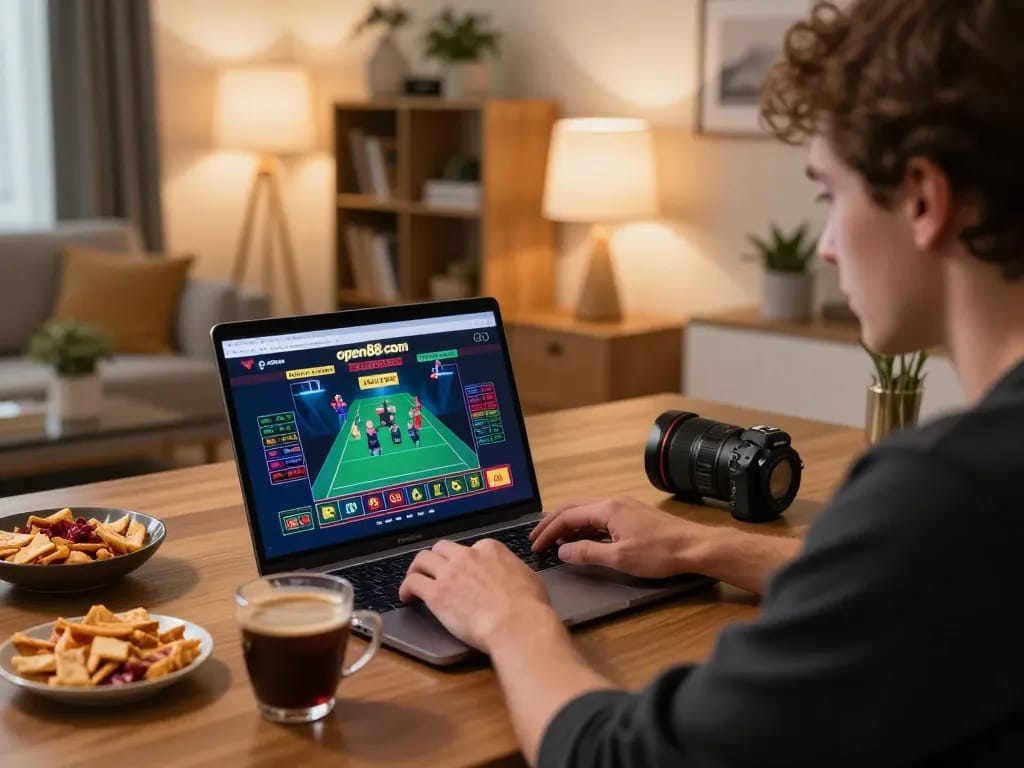 Engaged player using open88.com on a laptop during a live dealer game session at home