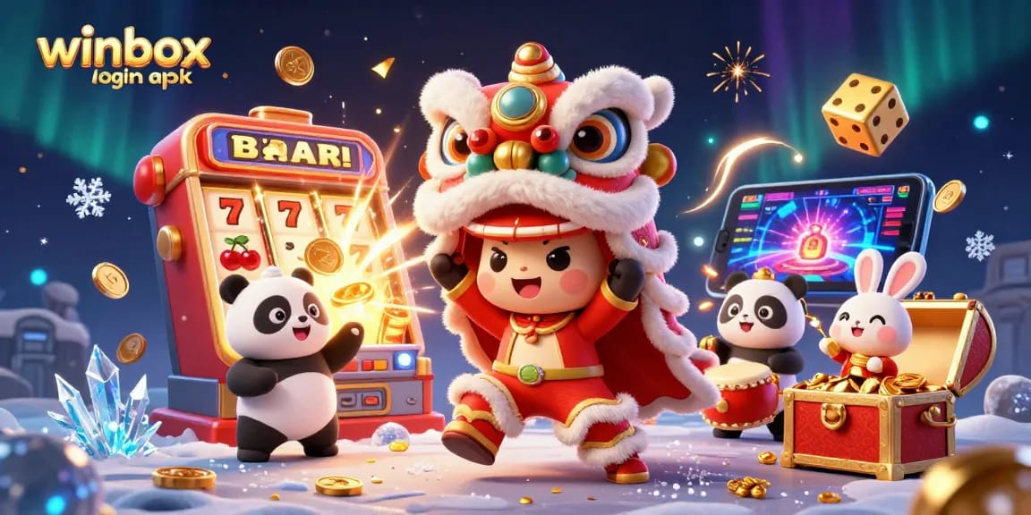 Engage with the winbox login apk, featuring vibrant casino characters and dynamic game elements.