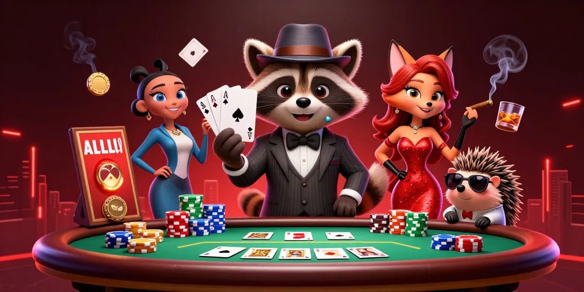 Engage with 23win to win big at poker with our cartoon raccoon, fox, and hedgehog characters.