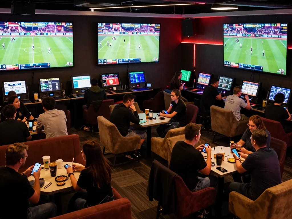 NET88 sports betting lounge with enthusiastic bettors strategizing and placing bets during live events.
