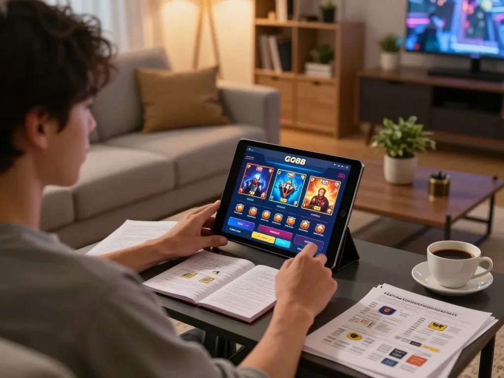 Engaging user playing GO88 on a tablet, focused on strategic gameplay in a cozy home setting