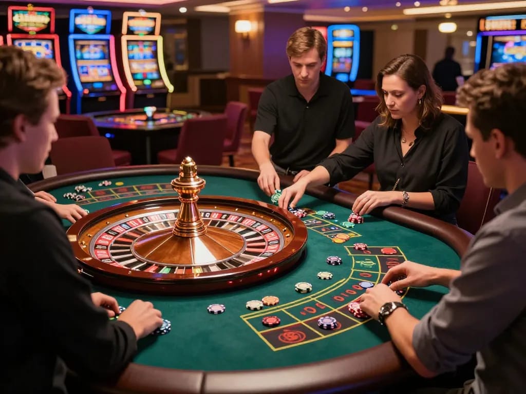 Engaged players at the 98win club placing bets on a vibrant roulette table, showcasing thrilling casino action.