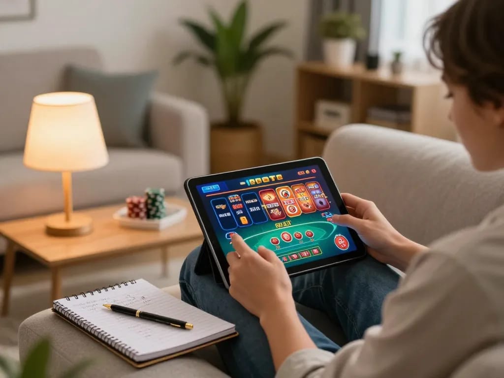 Experience online gambling with dacsandatphanrang com on a cozy home gaming setup featuring poker and slots