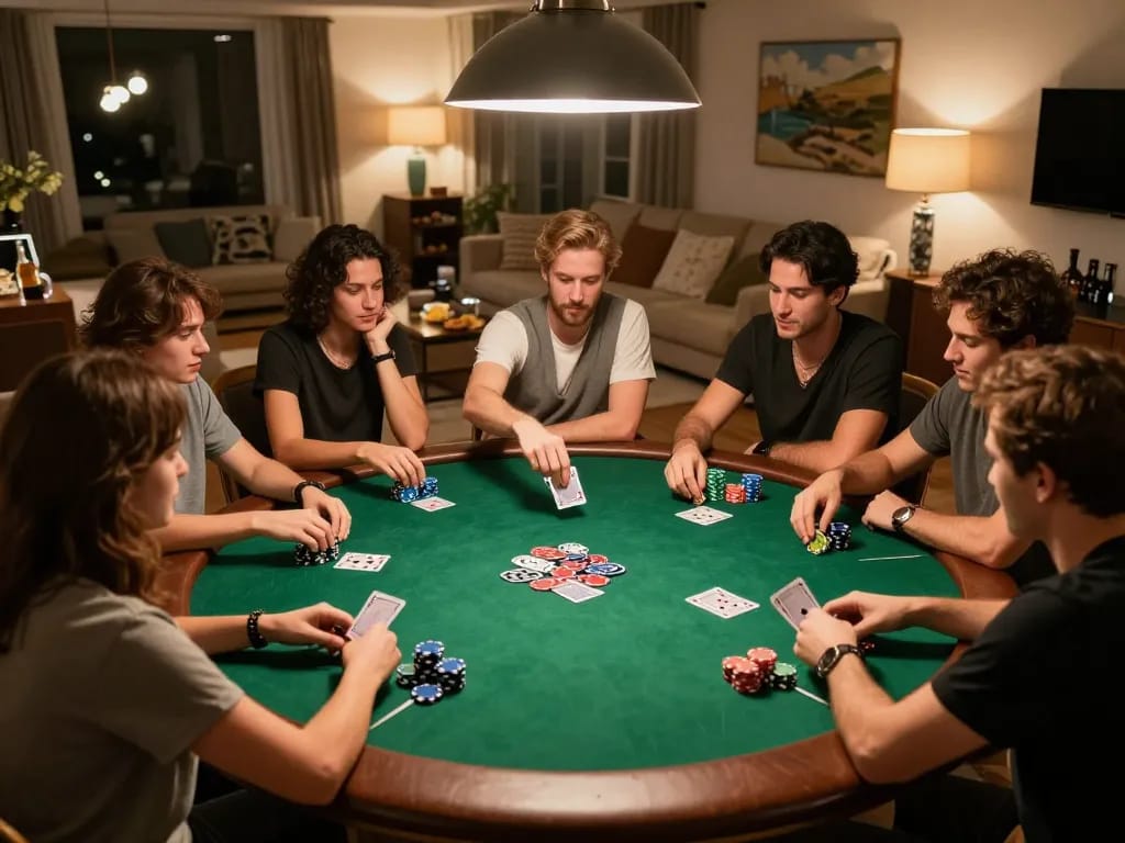 Players enjoying an exciting game night at home with 789F-themed poker setup, celebrating wins and strategic gameplay.