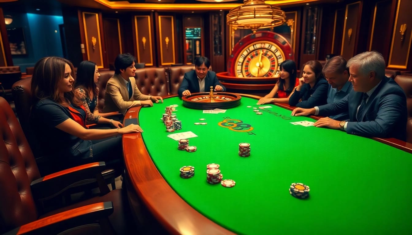 Exciting go88 casino action at a sleek gaming table with vibrant poker chips and warm lighting.