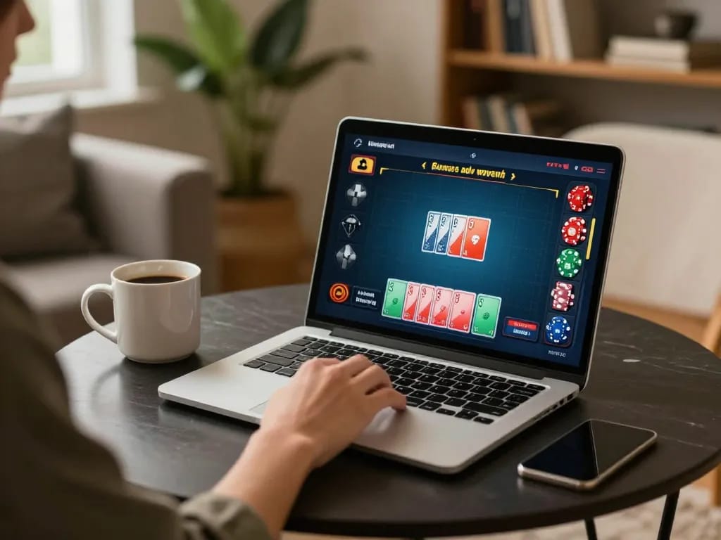 Engaging in an online poker game at home with kuwin, showcasing stylish living space and gaming interface.