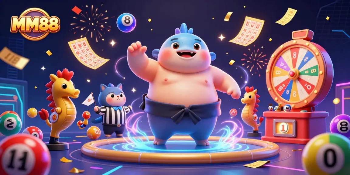 Experience thrilling games at MM88 with a vibrant illustration of underwater excitement and colorful lottery elements.