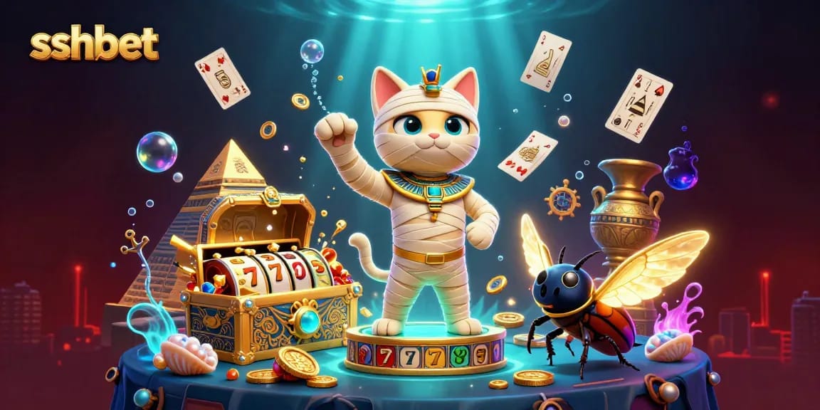 Engage with sshbet's vibrant 3D casino scene featuring a mummy cat, glowing elements, and dynamic slot reels.
