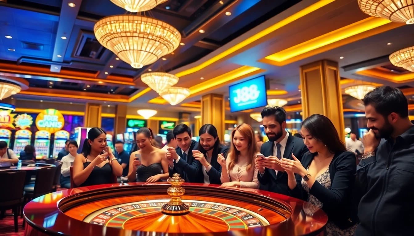 Engaged players at a j88-themed casino table celebrating a win amidst a vibrant gambling atmosphere.