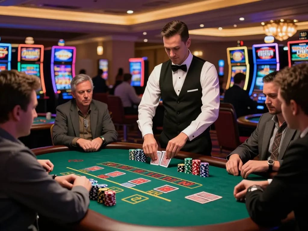 Players engaging in a high-stakes blackjack game at 5679 com casino, showcasing strategic gameplay and vibrant atmosphere.