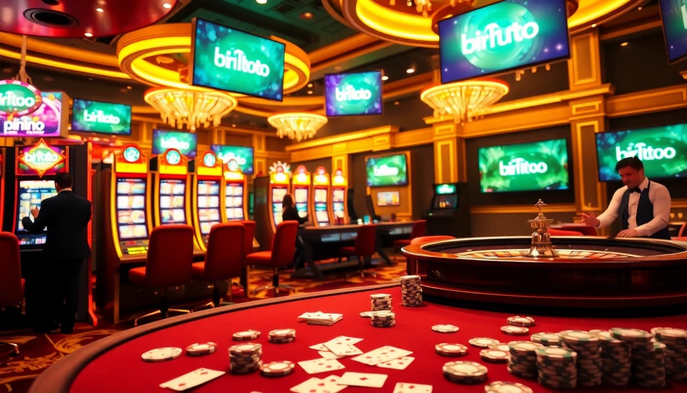 Para pemain menikmati sensasi bermain di kasino mewah dengan mesin slot Birutoto dan meja roulette.