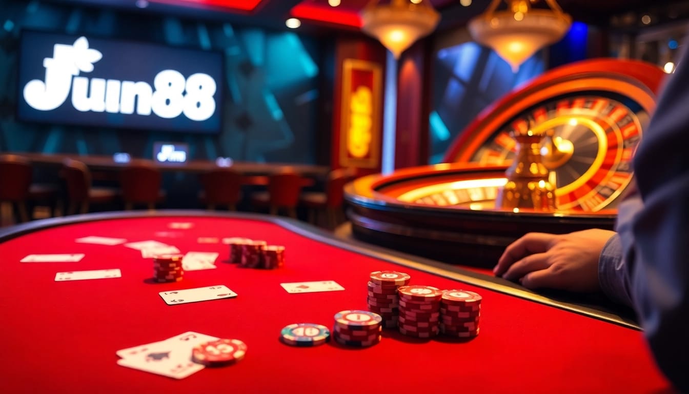 Experience excitement at Jun88 with a luxurious poker table filled with chips and cards.