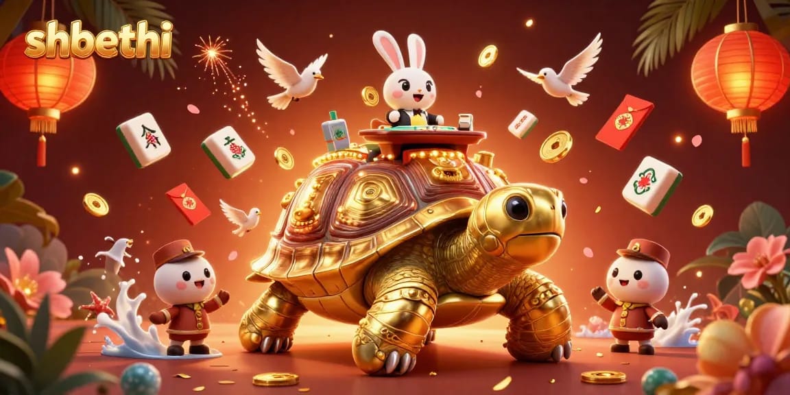 Win big at shbethi with vibrant scene featuring a golden tortoise casino and a rabbit dealer amidst festive elements.