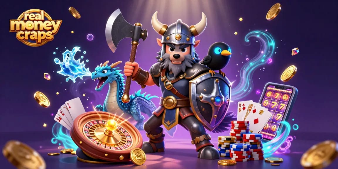 Experience real money online craps with a dynamic illustration of a Viking wolf warrior, dragon, and casino elements.