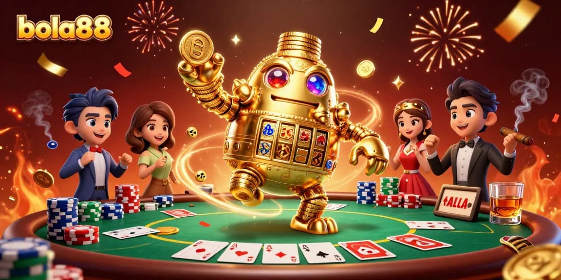 Bola88 offers an exhilarating experience with a golden golem and poker stakes, showcasing thrilling casino elements.