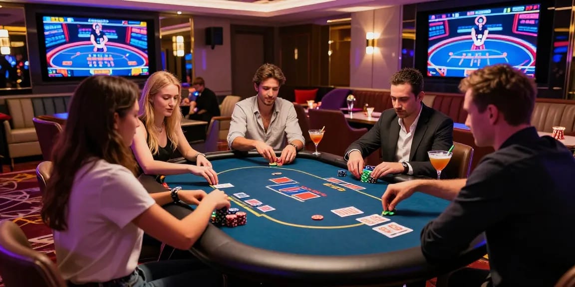 Group enjoying a thrilling game of iwin in a luxurious casino lounge atmosphere