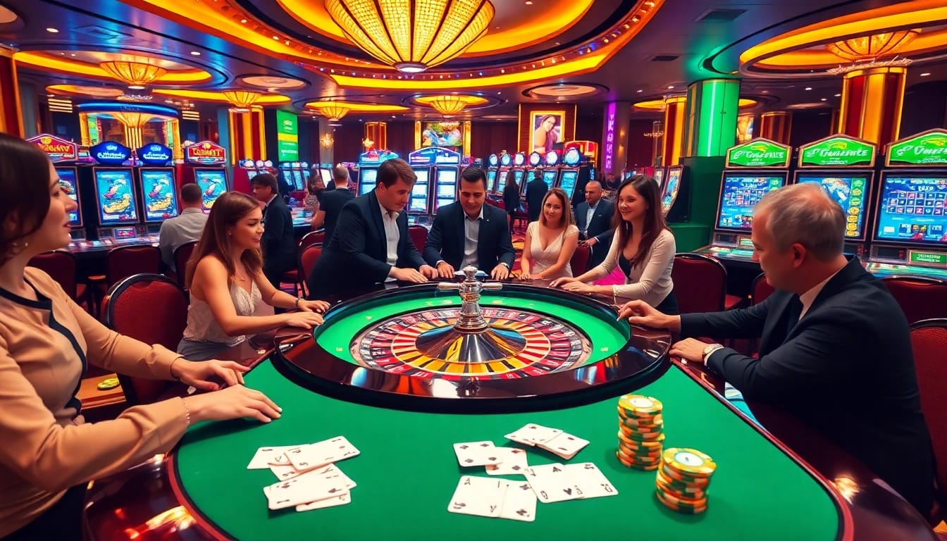 Players enjoying a thrilling game at 789win casino with roulette and slot machines.