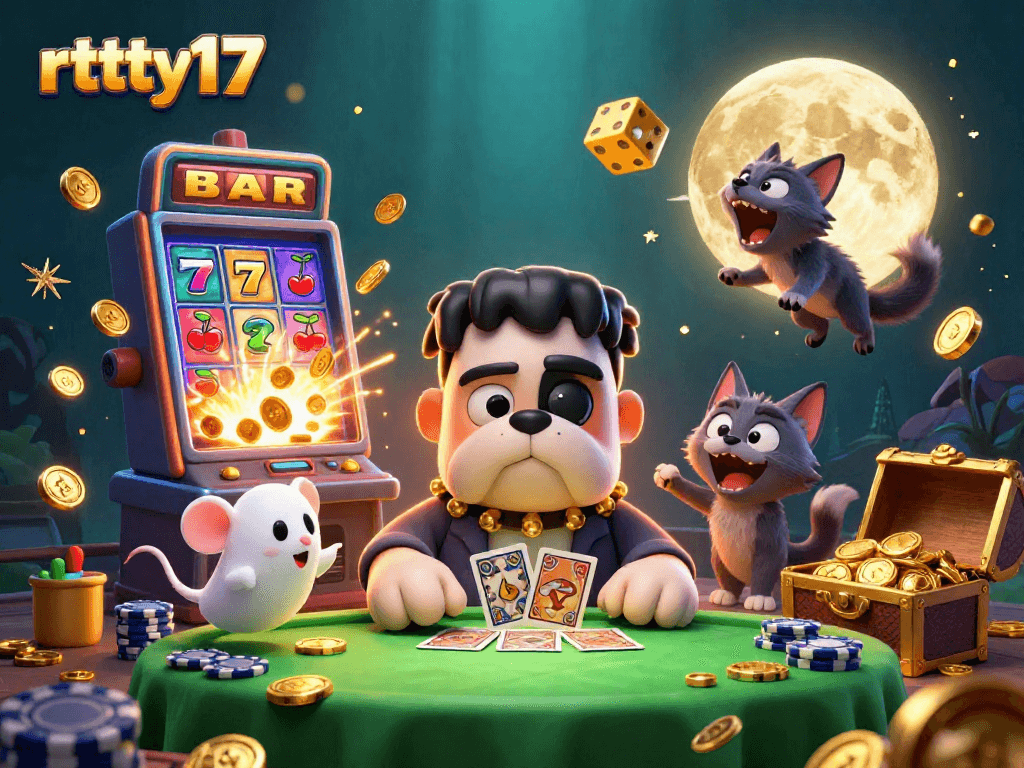 Experience the excitement of rttty17 with a bustling casino scene featuring colorful characters and thrilling game elements.