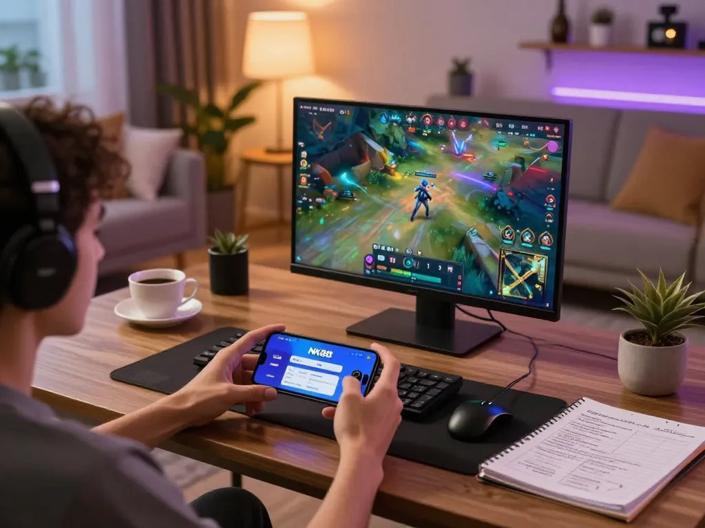 Engaging with NK88 BET app on smartphone while enjoying a cozy gaming environment.