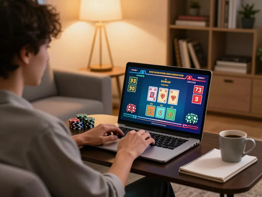 F168 user engaging in strategic online betting with laptop displaying casino games in a cozy setting