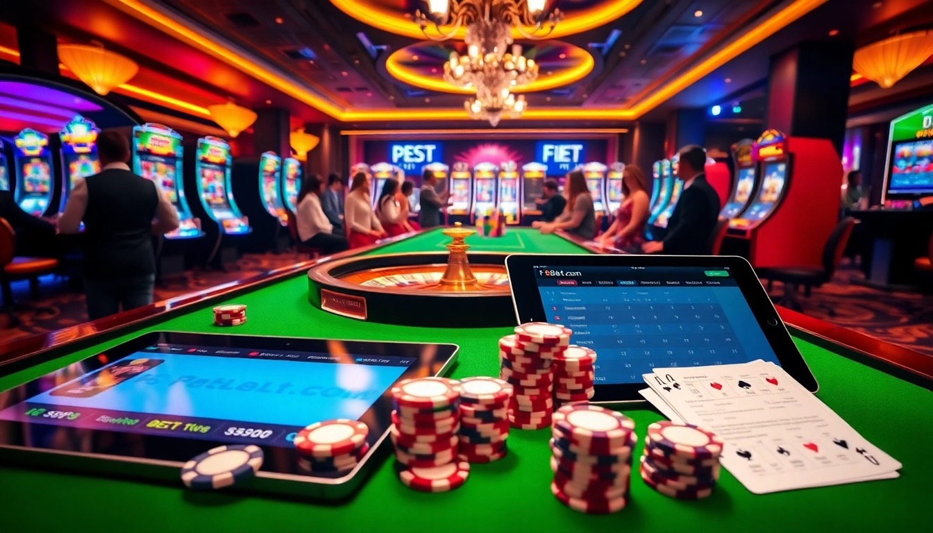 Exciting casino scene showcasing players engaging with games at f8bet.com, featuring roulette, slot machines, and poker chips.