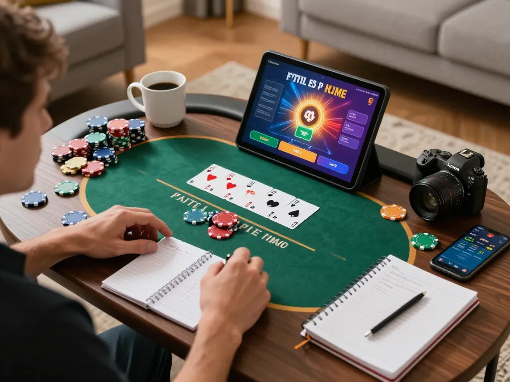 Player engaging in an online poker game on sc88 com with chips and strategy notes visible in a cozy living room.
