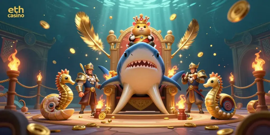Engage in exhilarating gameplay at eth casino with a dynamic 3D scene of fantasy characters and gambling elements.