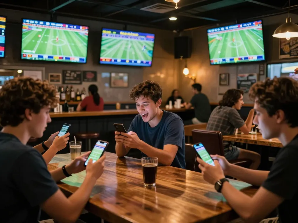 Engaged fans checking kèo bóng đá hôm nay while watching live football matches in a sports bar atmosphere.