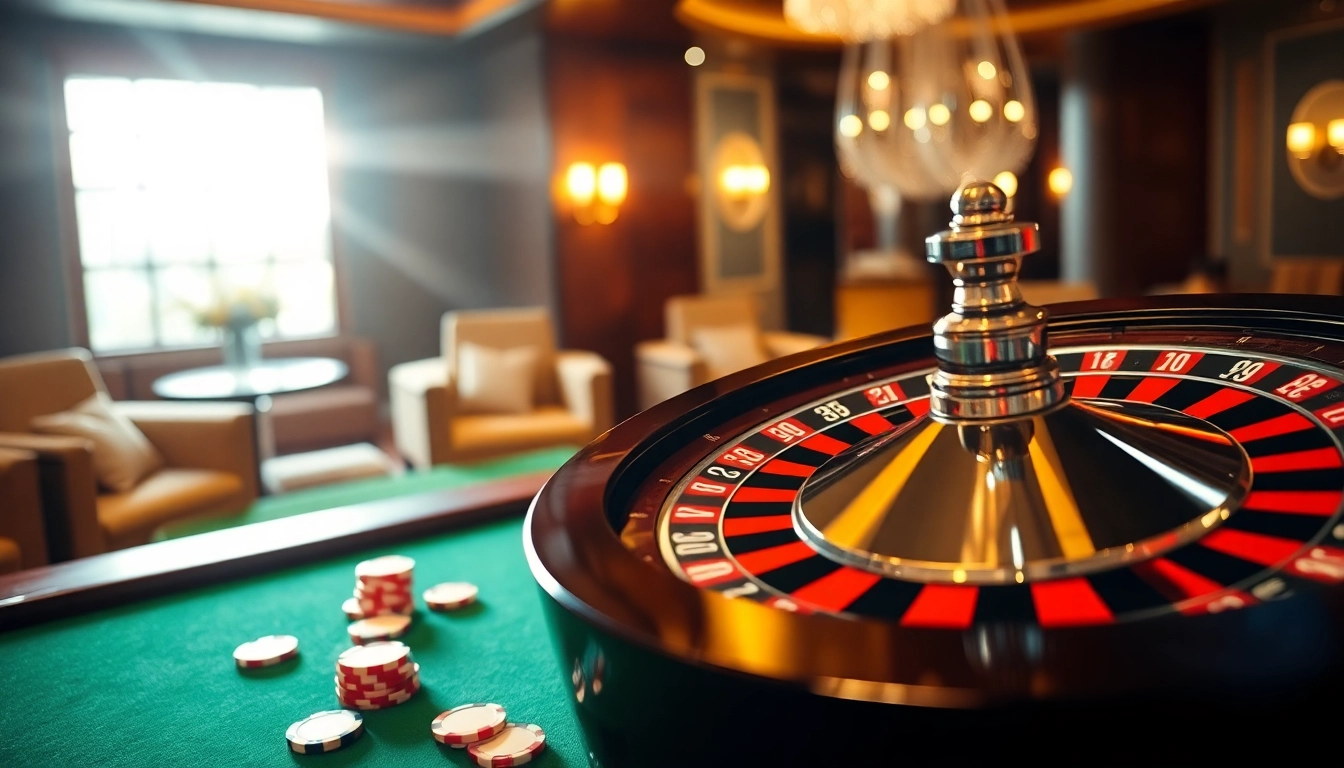 Spin the roulette wheel at an online casino with vibrant lighting and luxury settings.