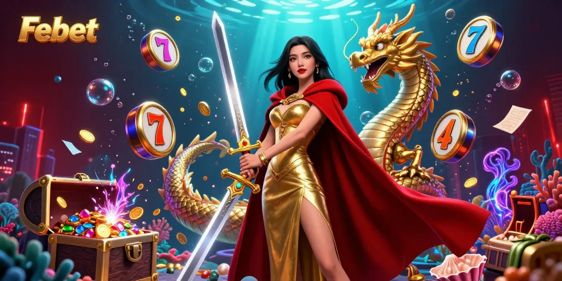 Engage with Febet at a dynamic casino scene featuring colorful game elements and a powerful warrior.