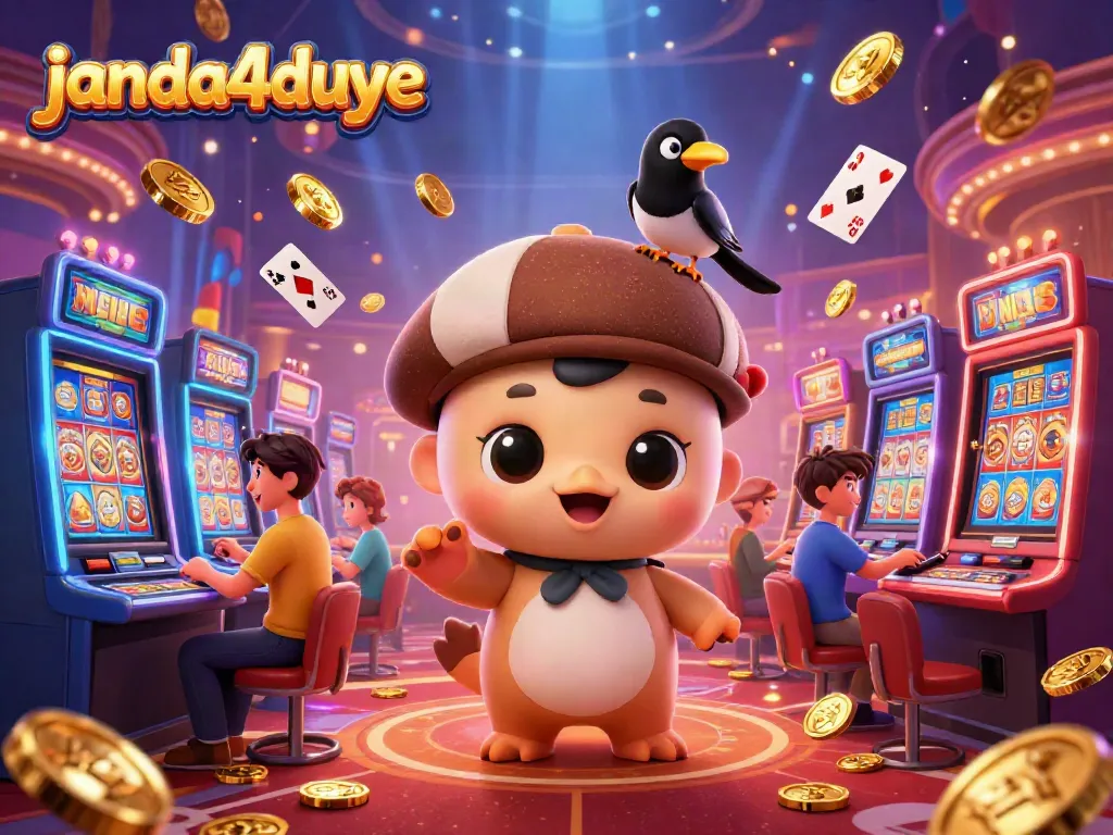 Janda4duye menyediakan suasana kasino yang meriah dengan mesin slot berwarna-warni dan karakter unik yang menggembirakan.